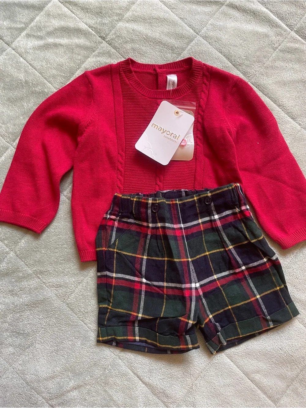 Mayoral Red Knit Sweater and plaid shorts